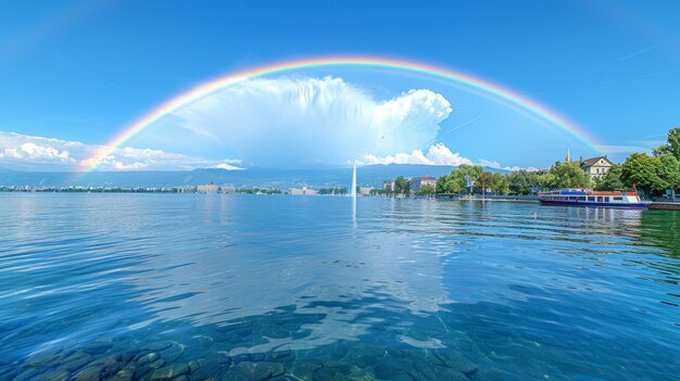 Foto impressionante arco-íris sobre o lago de genebra com céu azul claro suíça