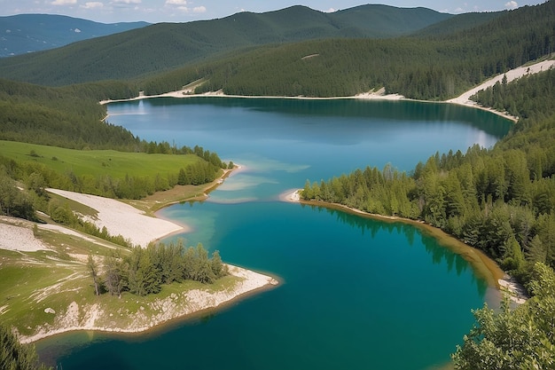 Foto impressionante beleza do lago de montanha shiroka polyana nas montanhas rodopi, na bulgária