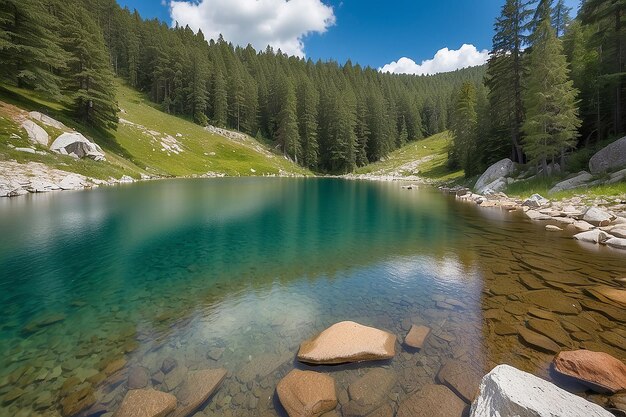 Foto impressionante beleza do lago de montanha shiroka polyana nas montanhas rodopi, na bulgária