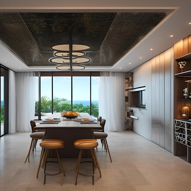 Impressionante beleza futurista Bali casa de vila interior cozinha de luxo arquitetura futurista