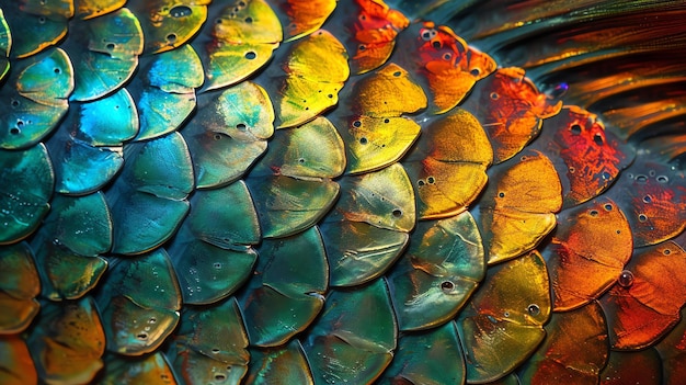 Foto impressionante close de escamas de peixes iridescentes mostrando as incríveis cores e padrões encontrados na natureza