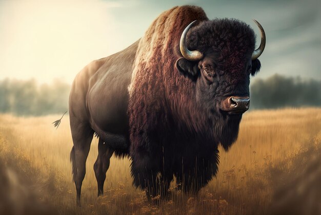 Impressionante close de um bisão no meio de um campo