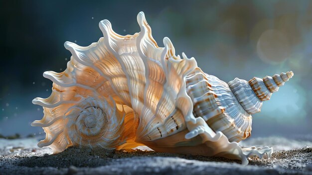 Impressionante close de uma concha marinha na praia com um fundo desfocado A concha é de bela forma espiral e tem uma cor branca pérola