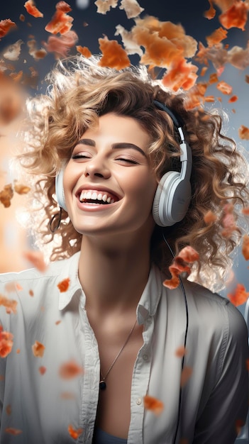 Impressionante close de uma mulher com cabelo ondulado sorriso brilhante e fones de ouvido contra um fundo silenciado