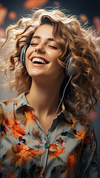 Impressionante close de uma mulher com cabelo ondulado sorriso brilhante e fones de ouvido contra um fundo silenciado