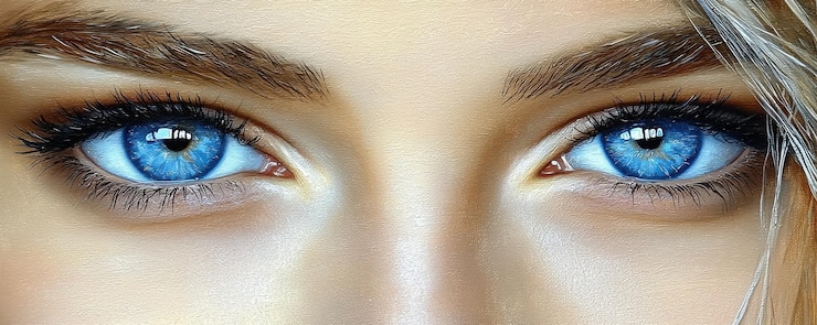 Foto impressionante close-up de olhos azuis brilhantes rosto da mulher beleza retrato cílios íris pupila olhar