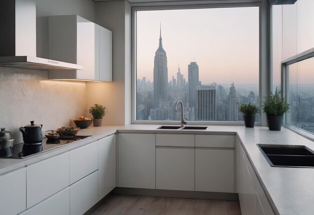 Foto impressionante cozinha minimalista moderna com vista panorâmica da cidade e design elegante