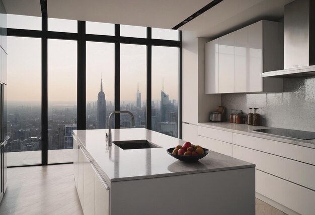 Foto impressionante cozinha minimalista moderna com vista panorâmica da cidade e design elegante