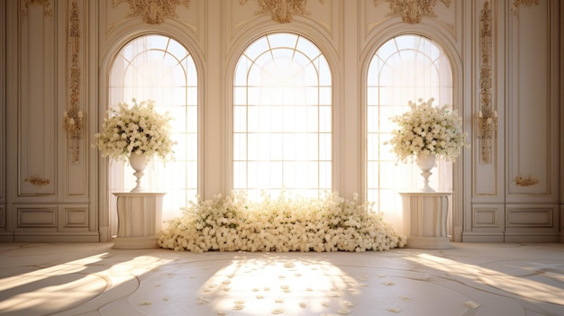 Foto impressionante decoração de casamento branca com flores delicadas e acentos de vegetação