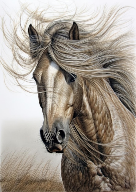 Impressionante desenho de retrato de um cavalo de lápis com uma crina longa soprando o vento
