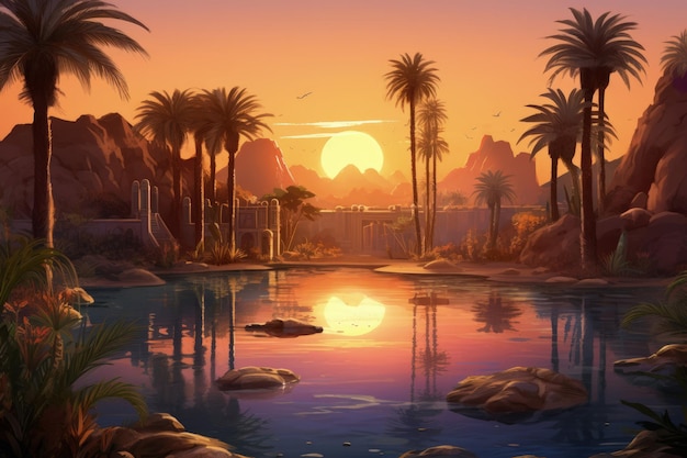 Impressionante Desert Oasis Sunset View Inteligência Artificial Gerativa