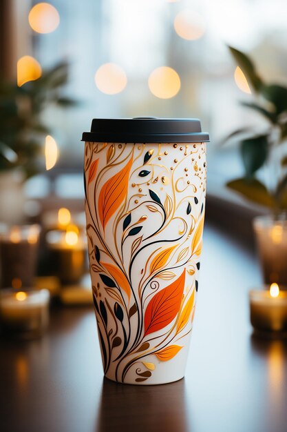Impressionante design de xícara de café art déco em uma fotografia de produto de madeira de fundo branco