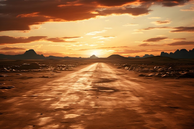 Impressionante estrada de Arafed no deserto ao pôr-do-sol Imagem de estoque cativante para a terra cênica