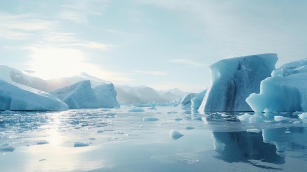 Impressionante ilustração 3D de icebergs em perspectiva atmosférica macia