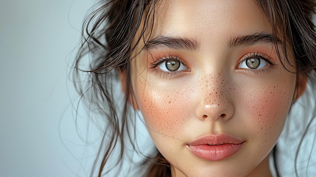 Impressionante imagem de cultivo de cuidado da pele e conceito cosmético com espaço de texto Bela garota asiática com pele natural tocando rosto bonito