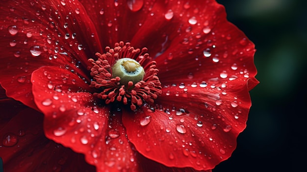 Impressionante imagem de estrela papoula vermelha com gotas de chuva na luz suave da manhã