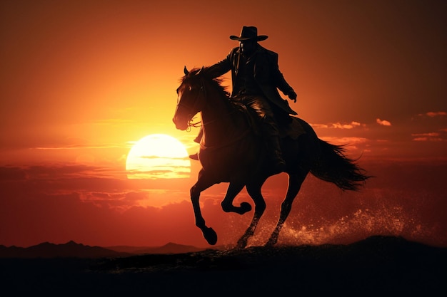 Impressionante imagem de um cowboy montando um cavalo majestoso no fascinante pôr-do-sol gerado pela IA