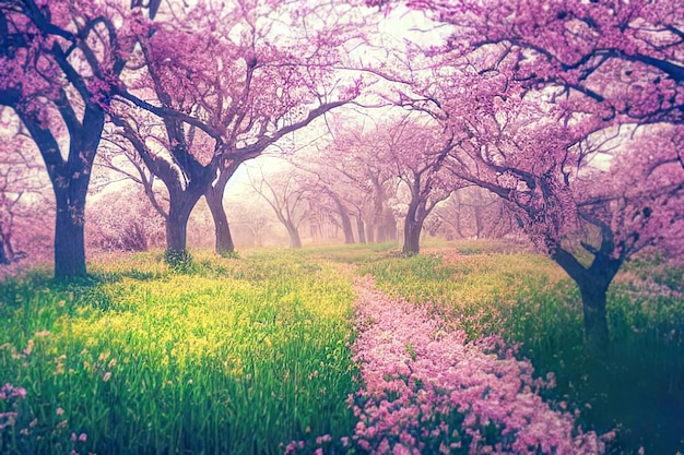 Foto impressionante jardim de primavera em plena floração cercado por grama verde exuberante e árvores altas com delicadas