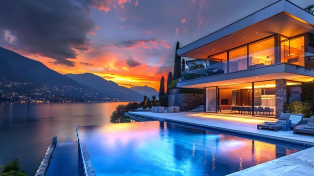 Foto impressionante mansão do lago como com piscina moderna e vistas ao pôr-do-sol conceito refúgio de luxo à beira do lago vida de design moderno retiro de relaxamento pontos de sol impressionantes