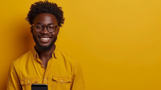 Foto impressionante maquete de exibição móvel mulher africana animada mostra tela vazia do telefone recomendando aplicativo sobre fundo amarelo sorrindo maquete de exposição de smartphone