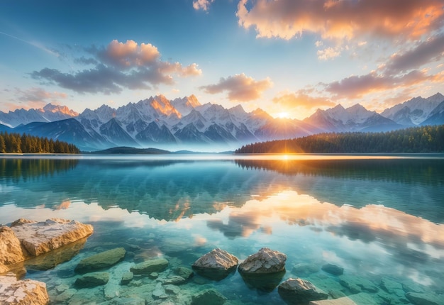 Impressionante nascer do sol de verão no lago Eibsee com Z