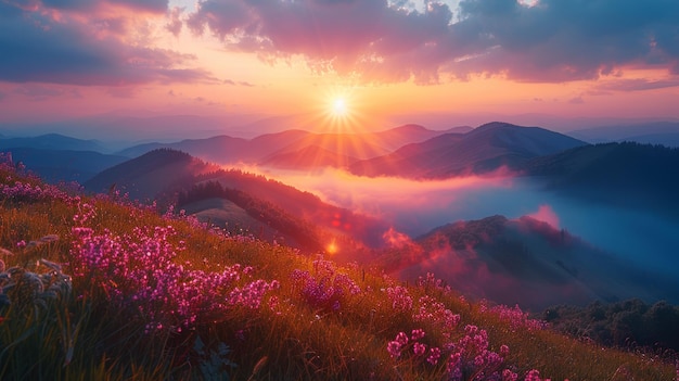 Impressionante nascer do sol de verão sobre os Cárpatos com flores silvestres em flor