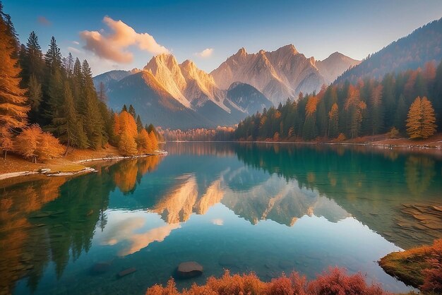 Impressionante paisagem de outono durante o pôr-do-sol O lago Fusine em frente ao Mongart sob a luz do sol Um incrível dia ensolarado no lago de montanha conceito de um lugar de descanso ideal Imagem criativa