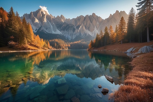 Impressionante paisagem de outono durante o pôr-do-sol O lago Fusine em frente ao Mongart sob a luz do sol Um incrível dia ensolarado no lago de montanha conceito de um lugar de descanso ideal Imagem criativa