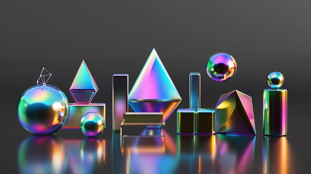 Impressionante renderização 3D de formas geométricas primitivas e objetos abstratos com elementos metálicos iridescentes Cada elemento foi isolado em um fundo cinza escuro