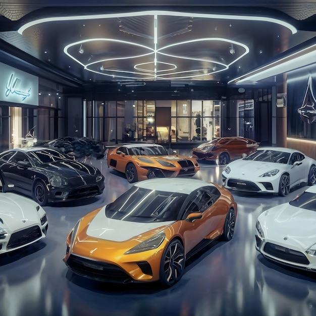 Impressionante renderização 3D mostrando showroom de carros futurista com design elegante e moderno