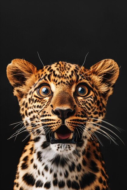 Foto impressionante retrato de leopardo em fundo preto mostrando detalhes vívidos perfeito para conteúdo educacional campanhas de vida selvagem ou desenhos gráficos copiar espaço para texto animal surpreendido ia generativa