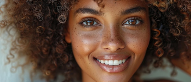 Impressionante retrato de uma mulher africana com cabelos cachos castanhos e um sorriso bonito