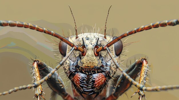 Impressionante retrato em close-up de uma cabeça de inseto colorida com olhos grandes e dentes afiados