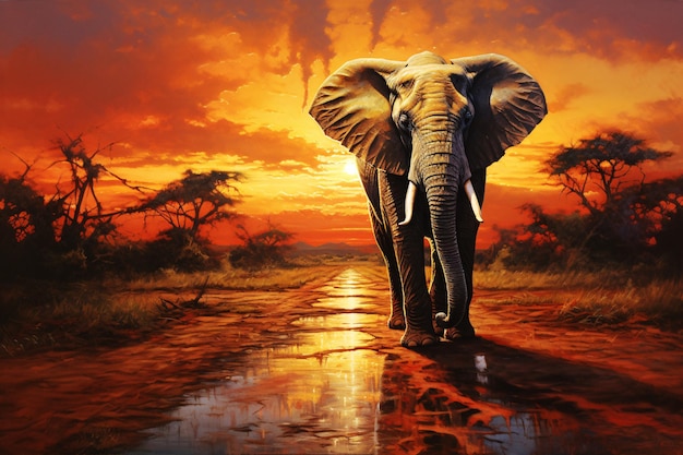 Impressionante serenata ao pôr do sol Elefante majestoso passeando por um caminho empoeirado IA generativa