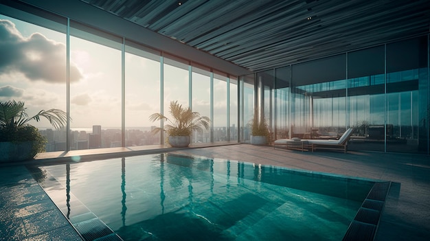 Impressionante terraço de cobertura de luxo com piscina com vista para Miami Generative Ai
