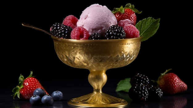 Impressionante tigela de prata com sorvete e frutas vermelhas em fundo preto