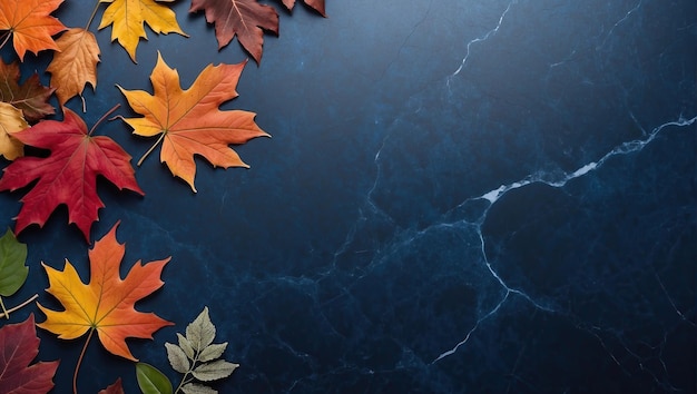 Foto impressionante variedade de folhas em vários estilos colocados contra um fundo de padrão de mármore azul escuro