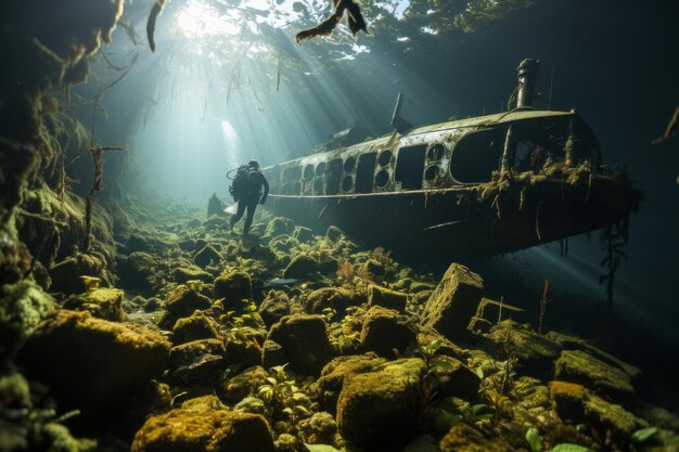 Impressionante vista subaquática grupo de mergulhadores exploram o recife de coral de staghorn foto em preto e branco foto de alta qualidade