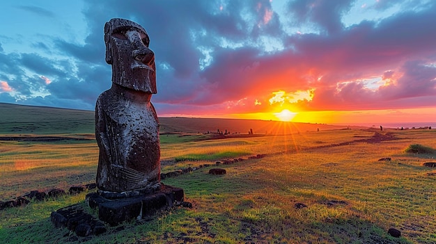 impressionantes e isoladas estátuas Moai da Ilha de Páscoa ao pôr do sol