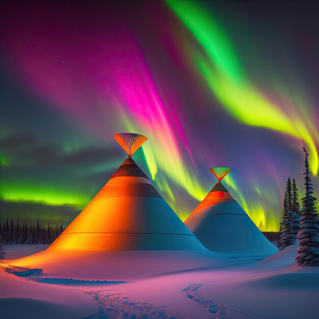 Impressionantes luzes do norte dançando sobre os tepees em Aurora Village em Yellowknife Arte digital