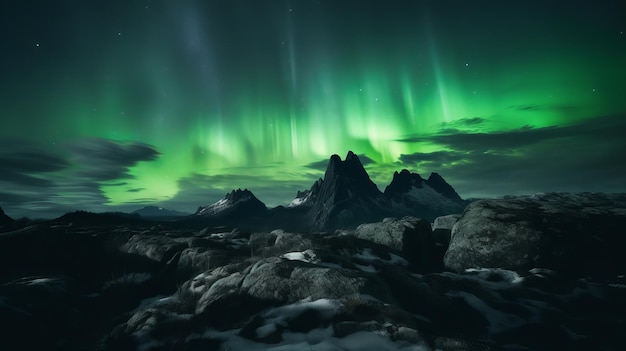 Impressionantes luzes verdes da Aurora sobre a paisagem rochosa