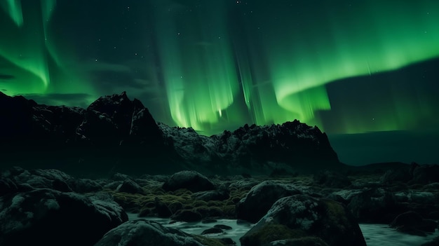 Impressionantes luzes verdes da Aurora sobre a paisagem rochosa