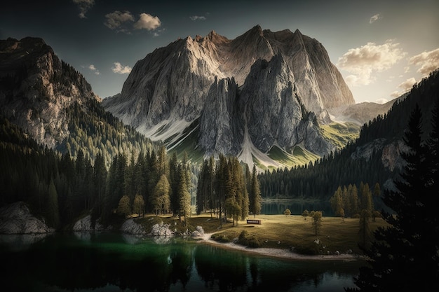 Impressionantes montanhas alpinas ao sol Imagem de um conto de fadas Paisagem iluminada pelo sol com a majestosa Rock Mountain ao longe em um lago Hintersee Alemanha Alpes Baviera