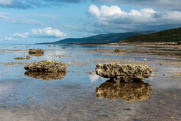 Impressionantes pedras de coral refletidas nas águas da montanha da maré baixa no fundo da ilha de Iriomote