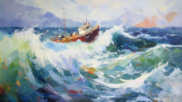 Impressionistische Malerei, Seeschiff, Sturm, große Welle, Illustration AI GenerativexA