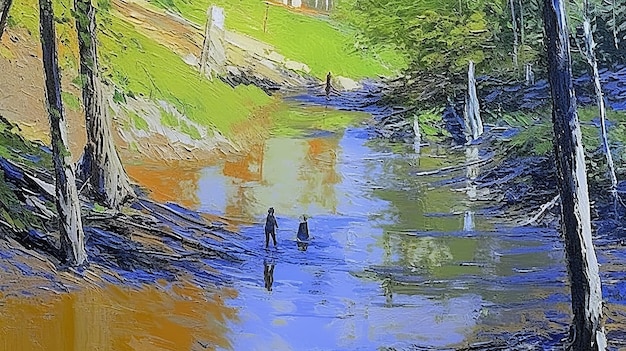 Impressionistisches Gemälde eines flachen Baches im Wald