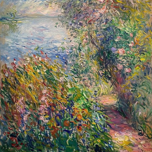 Impressionistisches Gemälde von Monets Garten zentriert diagonale Komposition Pflanzen im Vordergrund o