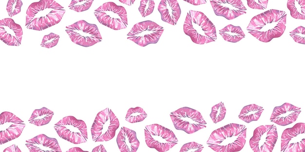 Impressões de batom em forma de beijos em rosa em um fundo branco Ilustração em aquarela Modelo Horisontal de um grande conjunto de DIA DOS NAMORADOS Para decoração e design de papel de embalagem de tecido