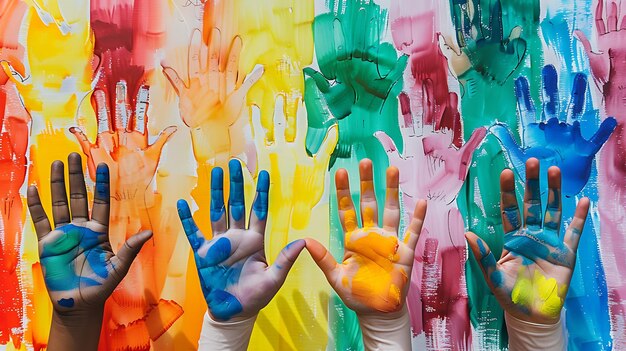 Foto impressões de mãos coloridas de diferentes cores sobre um fundo branco as impressões de mãos são feitas por crianças