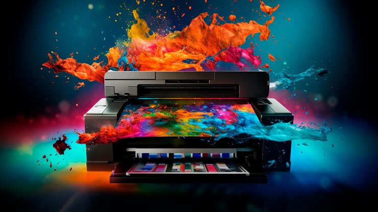 Foto impressora com salpicos de tinta coloridos em fundo azul